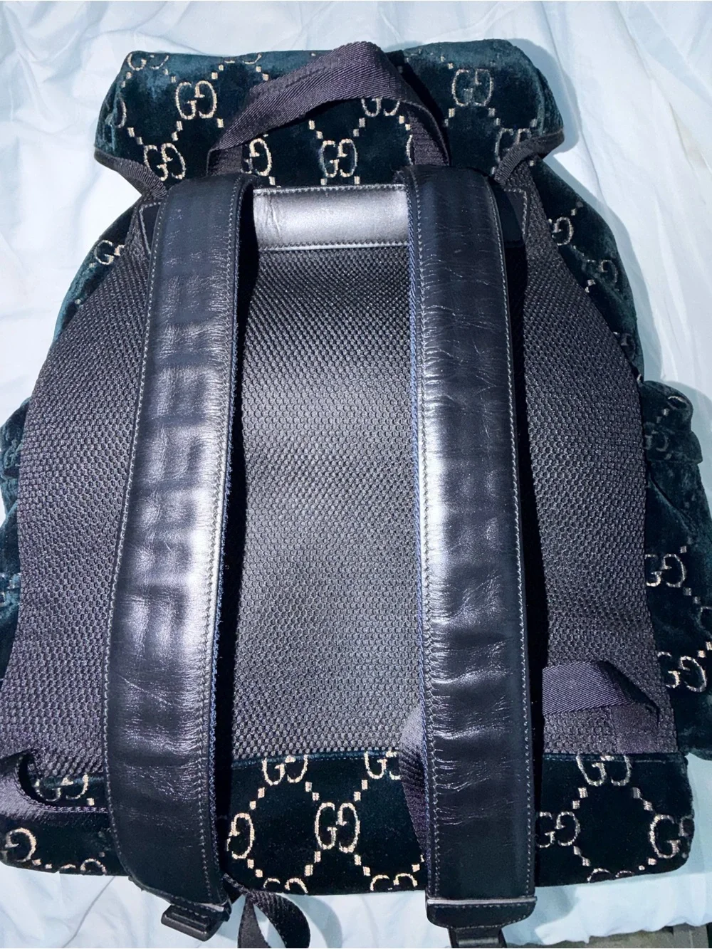 Gucci Dark Blue Velvet GG Monogram Backpack with Gold Accents